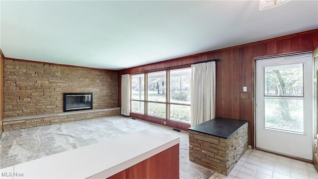 7780 Clarion Dr, Chagrin Falls, OH 44022 - unfurnished living room featuring healthy amount of natural light, a stone fireplace, and wooden walls