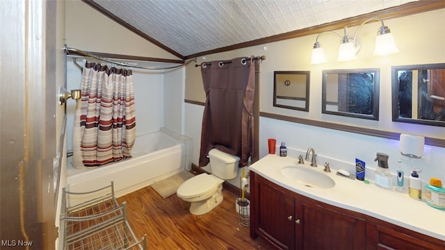 217 Meadowbrook Ave, Boardman, OH 44512 - bathroom featuring vanity, shower / tub combo, lofted ceiling, wood finished floors, and crown molding