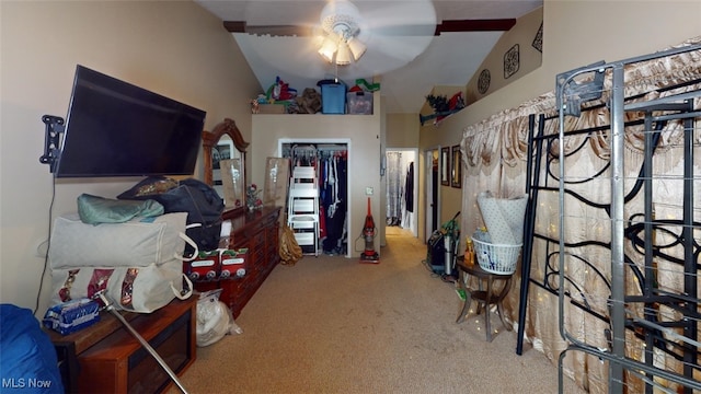 217 Meadowbrook Ave, Boardman, OH 44512 - living room featuring ceiling fan, carpet, and vaulted ceiling