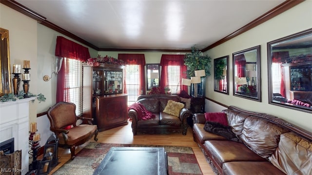 217 Meadowbrook Ave, Boardman, OH 44512 - living area featuring crown molding, wood finished floors, and a fireplace