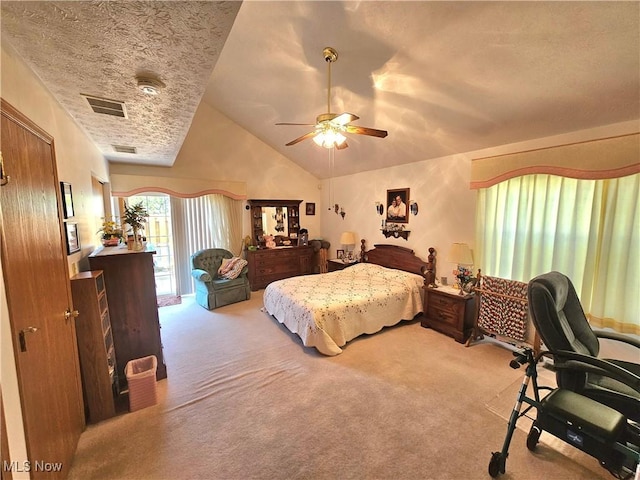 3308 Trappers Trl Unit A, Cortland, OH 44410 - carpeted bedroom featuring vaulted ceiling, access to exterior, ceiling fan, and a textured ceiling