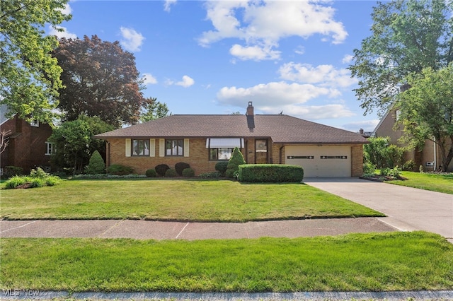 2637 Carmen Dr, Rocky River, OH 44116 - single story home with an attached garage, a front yard, concrete driveway, brick siding, and a chimney
