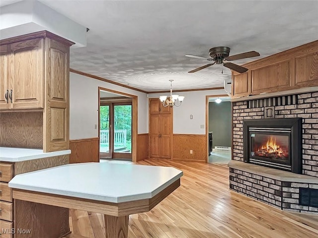 1027 Twp Rd Unit 1806, Ashland, OH 44805 - playroom featuring a wainscoted wall, light wood-style flooring, ornamental molding, a ceiling fan, and a fireplace