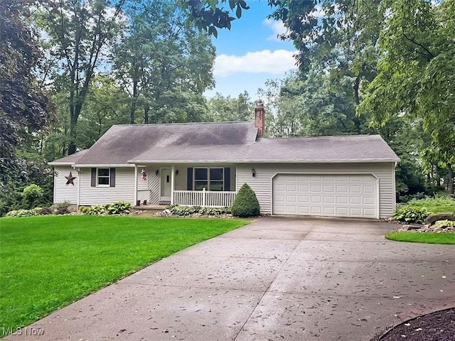 1027 Twp Rd Unit 1806, Ashland, OH 44805 - ranch-style house featuring a porch, an attached garage, a chimney, a front yard, and concrete driveway