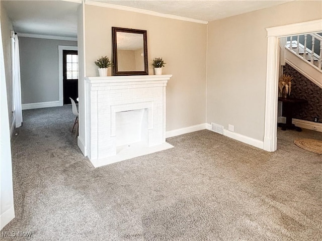 1021 12th Ave, Vienna, WV 26105 - unfurnished living room featuring carpet floors, stairway, crown molding, and a fireplace