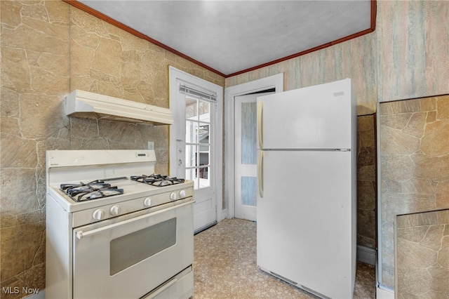 654 Van Everett Ave, Akron, OH 44306 - kitchen with white appliances, under cabinet range hood, and ornamental molding