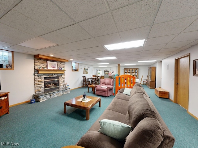 35005 Lisle Ct, Willoughby, OH 44094 - living area with carpet floors, a fireplace, and a drop ceiling