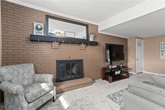 3247 Brooklawn Dr, Norton, OH 44203 - carpeted living room featuring a fireplace, crown molding, and brick wall