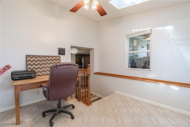 2880 Hetzel Dr, Parma, OH 44134 - office area featuring ceiling fan, carpet floors, and a skylight
