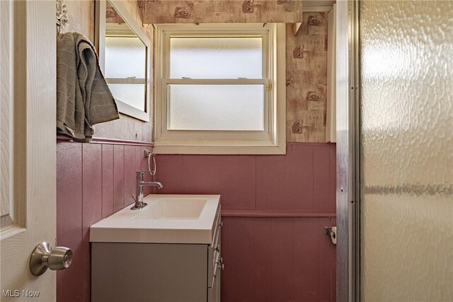 2880 Hetzel Dr, Parma, OH 44134 - bathroom with vanity and wood walls