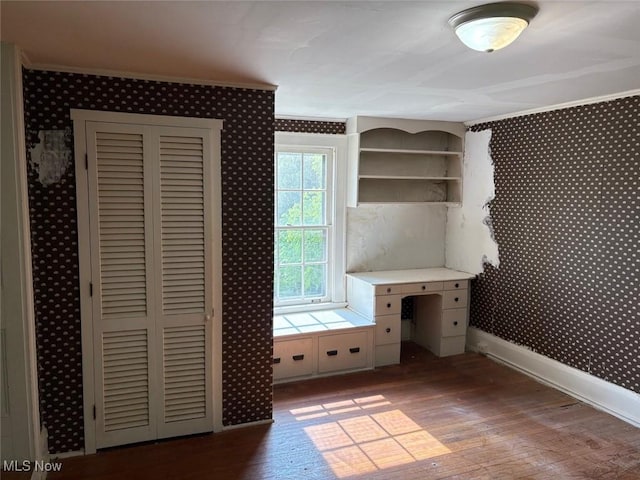 989 Orchard Hill Cir, Massillon, OH 44646 - unfurnished office featuring wallpapered walls, wood finished floors, and ornamental molding