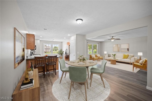 3031 Logan Ln Unit 1, Rock Creek, OH 44084 - dining area featuring plenty of natural light, wood finished floors, a textured ceiling, ceiling fan, and recessed lighting