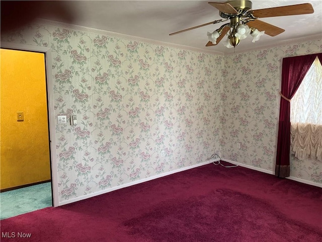 3726 Silvieus St, Ashtabula, OH 44004 - carpeted empty room with crown molding and a ceiling fan