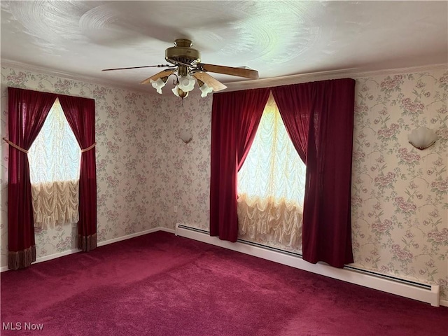 3726 Silvieus St, Ashtabula, OH 44004 - unfurnished room with carpet flooring, baseboard heating, a ceiling fan, and crown molding