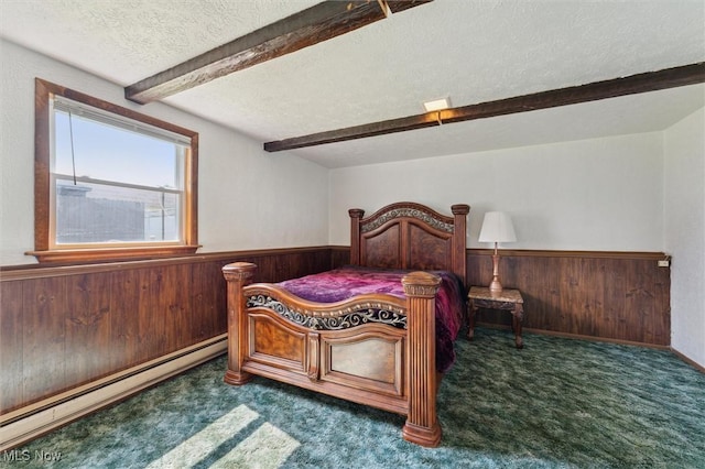 3917 Oxford Dr, Lorain, OH 44053 - bedroom featuring a textured ceiling, a baseboard radiator, beam ceiling, carpet floors, and wood walls
