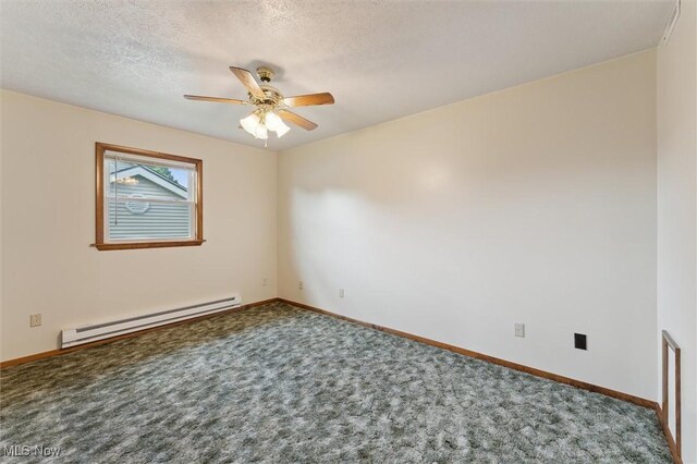 3917 Oxford Dr, Lorain, OH 44053 - unfurnished room featuring a baseboard heating unit, ceiling fan, carpet floors, and a textured ceiling