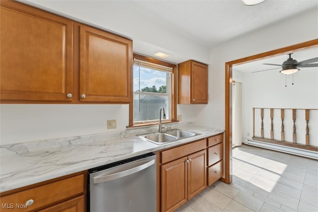3917 Oxford Dr, Lorain, OH 44053 - kitchen featuring dishwasher, baseboard heating, brown cabinetry, light tile patterned flooring, and a ceiling fan