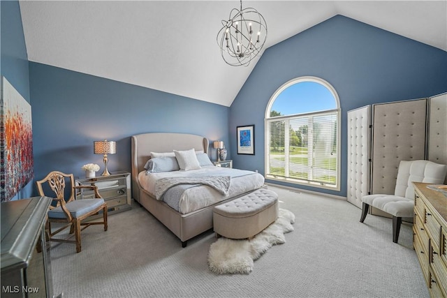 196 Chisholm Ct, Aurora, OH 44202 - bedroom with carpet, a chandelier, and high vaulted ceiling
