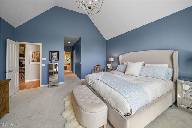 196 Chisholm Ct, Aurora, OH 44202 - bedroom with carpet floors, vaulted ceiling, and a chandelier