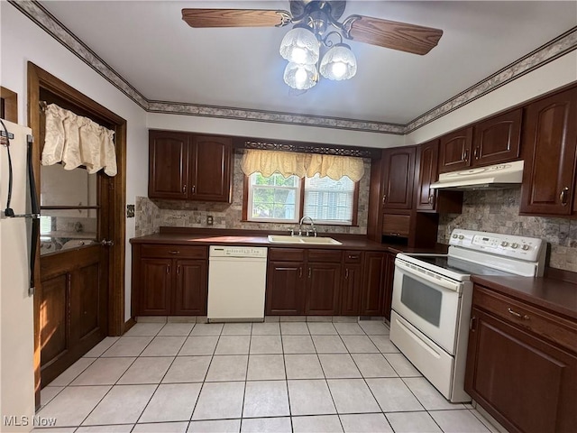 3022 Heatherbrae Dr, Poland, OH 44514 - kitchen with white appliances, under cabinet range hood, ceiling fan, dark countertops, and backsplash