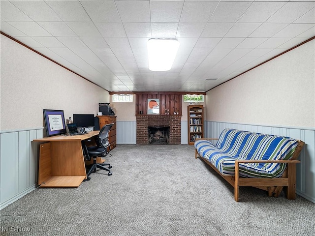 3845 Hillbrook Rd, University Heights, OH 44118 - carpeted office space with a brick fireplace and a wainscoted wall