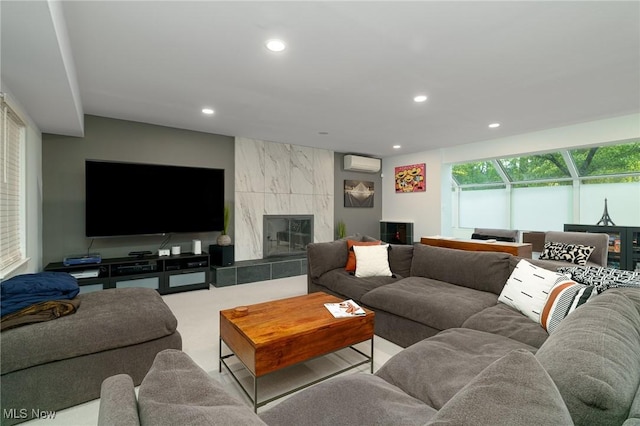 17805 Van Aken Blvd, Shaker Heights, OH 44122 - living area with a wall mounted AC, recessed lighting, and a tile fireplace
