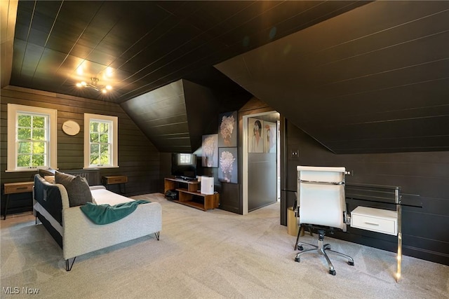 17805 Van Aken Blvd, Shaker Heights, OH 44122 - office featuring lofted ceiling, carpet floors, wood walls, and wooden ceiling