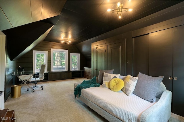 17805 Van Aken Blvd, Shaker Heights, OH 44122 - carpeted bedroom featuring a desk, lofted ceiling, and wood walls