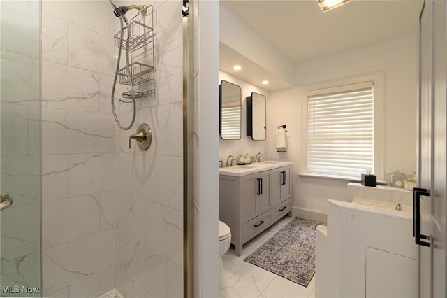17805 Van Aken Blvd, Shaker Heights, OH 44122 - bathroom featuring marble look tiles, a marble finish shower, vanity, and recessed lighting