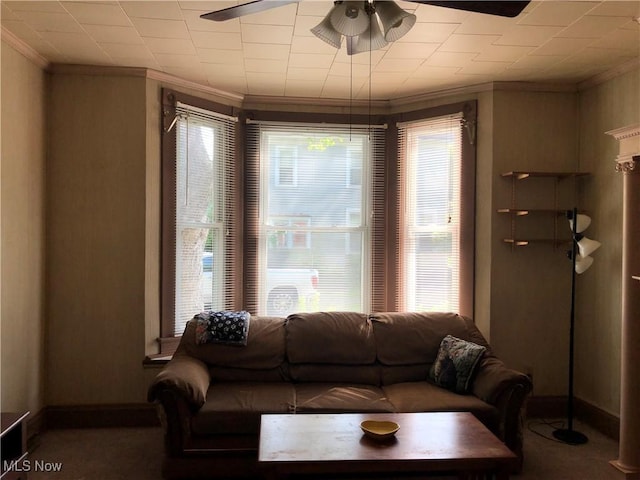 305 Adolphus St, Chester, WV 26034 - carpeted living area with crown molding and a ceiling fan