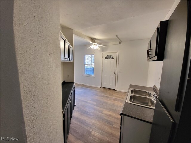 1825 Lakeview Rd, East Cleveland, OH 44112 - kitchen featuring a ceiling fan, dark countertops, wood finished floors, a textured wall, and dark cabinetry