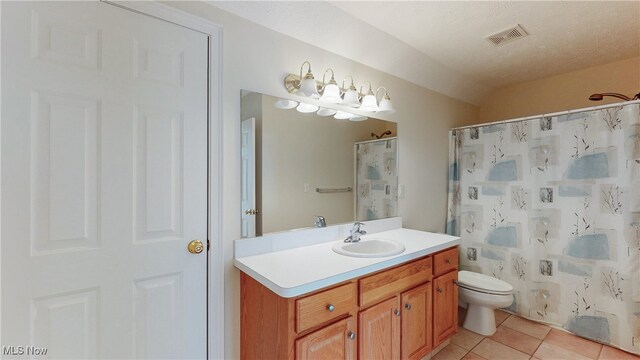 44 Gullybrook Ln, Willoughby, OH 44094 - bathroom featuring vanity, tile patterned floors, vaulted ceiling, and a shower with shower curtain