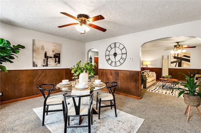125 N Arlington Ave, Niles, OH 44446 - carpeted dining space with ceiling fan, arched walkways, wainscoting, a textured ceiling, and wood walls