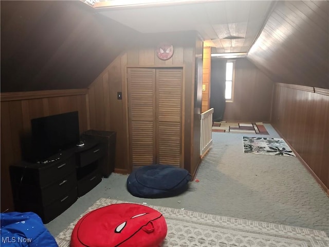 3211 Latimer Ave, Ashtabula, OH 44004 - bonus room featuring lofted ceiling, wood walls, and carpet flooring