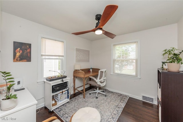 4410 Silsby Rd, University Heights, OH 44118 - home office featuring a ceiling fan and dark wood finished floors