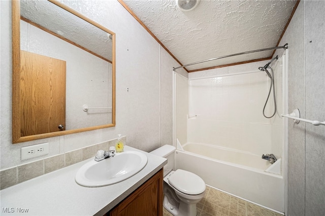 6835 Sidley Rd, Thompson, OH 44086 - bathroom featuring vanity, shower / bathtub combination, and a textured ceiling