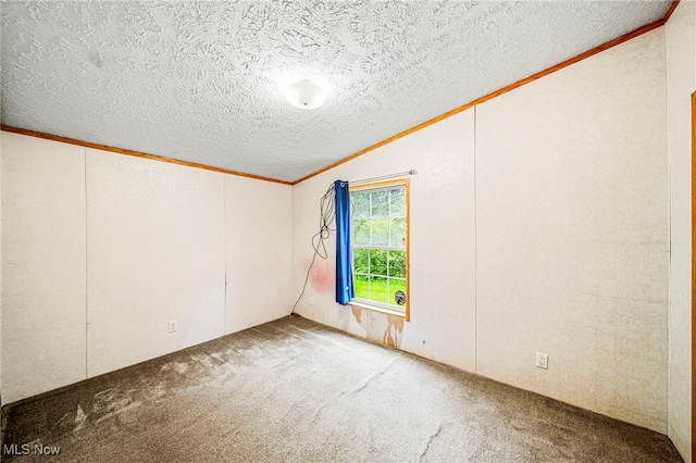 6835 Sidley Rd, Thompson, OH 44086 - carpeted empty room with ornamental molding, vaulted ceiling, and a textured ceiling