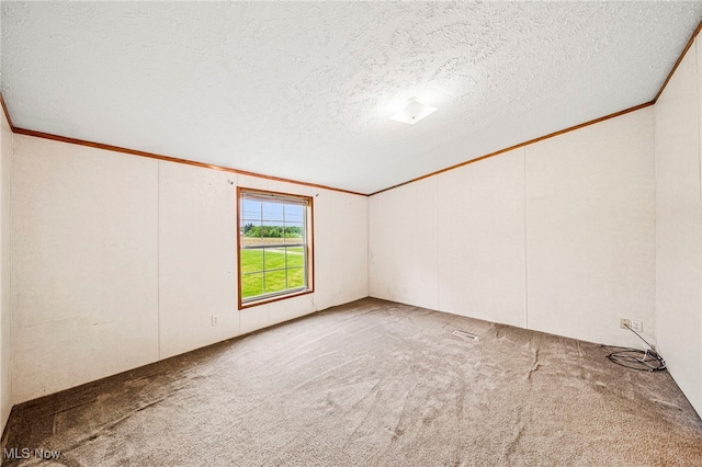 6835 Sidley Rd, Thompson, OH 44086 - carpeted spare room featuring a textured ceiling, lofted ceiling, and ornamental molding