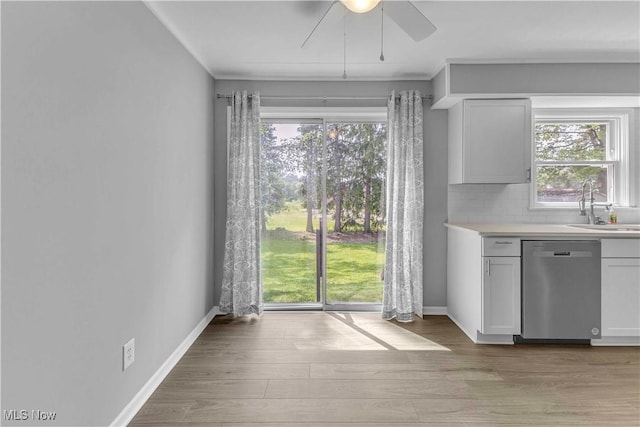 1530 Franklin Ave, Kent, OH 44240 - kitchen featuring stainless steel dishwasher, a ceiling fan, light countertops, wood finished floors, and tasteful backsplash