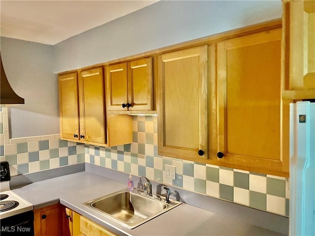 13 Charleston Sq, Euclid, OH 44143 - kitchen featuring electric range, freestanding refrigerator, backsplash, and light countertops