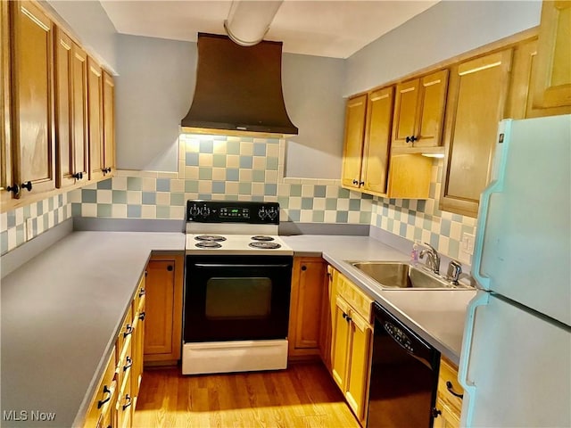 13 Charleston Sq, Euclid, OH 44143 - kitchen featuring freestanding refrigerator, range with electric cooktop, black dishwasher, custom range hood, and tasteful backsplash