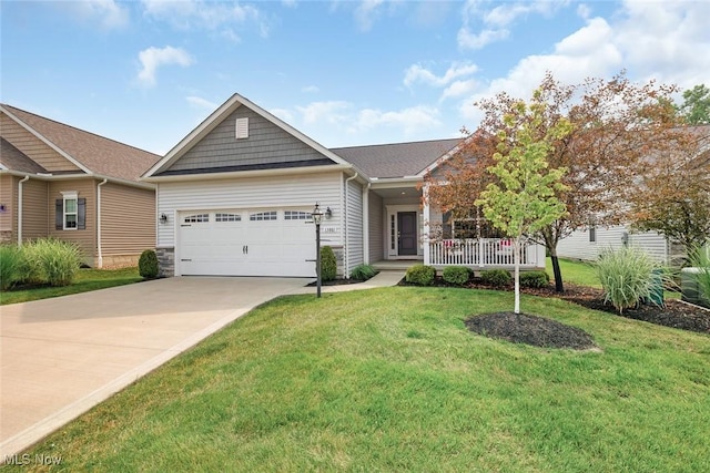 13861 Woodhawk Dr, Strongsville, OH 44136 - view of front of house featuring a garage, a porch, concrete driveway, and a front lawn