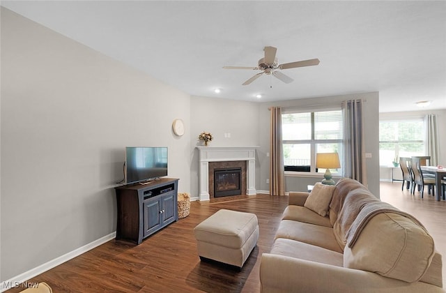 13861 Woodhawk Dr, Strongsville, OH 44136 - living room featuring dark wood-style flooring, ceiling fan, a premium fireplace, and recessed lighting