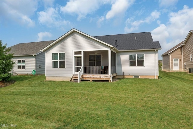13861 Woodhawk Dr, Strongsville, OH 44136 - back of house with a yard, a sunroom, ceiling fan, and a shingled roof