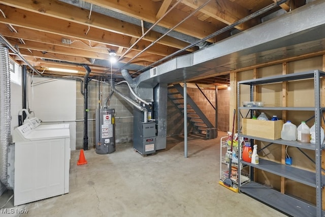 450 S Walnut St, Ravenna, OH 44266 - unfinished below grade area featuring water heater, washer and clothes dryer, heating unit, and stairs