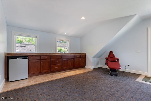 30 E Mohawk Dr, Malvern, OH 44644 - kitchen featuring dishwasher, vaulted ceiling, light carpet, plenty of natural light, and recessed lighting