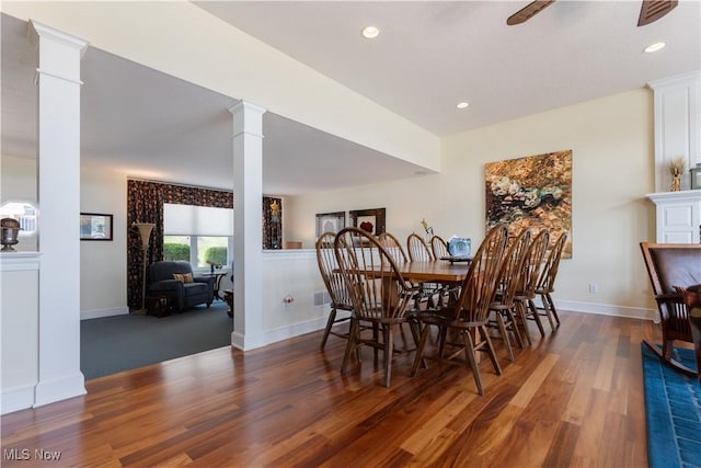 30 E Mohawk Dr, Malvern, OH 44644 - dining room with ornate columns, ceiling fan, wood finished floors, and recessed lighting
