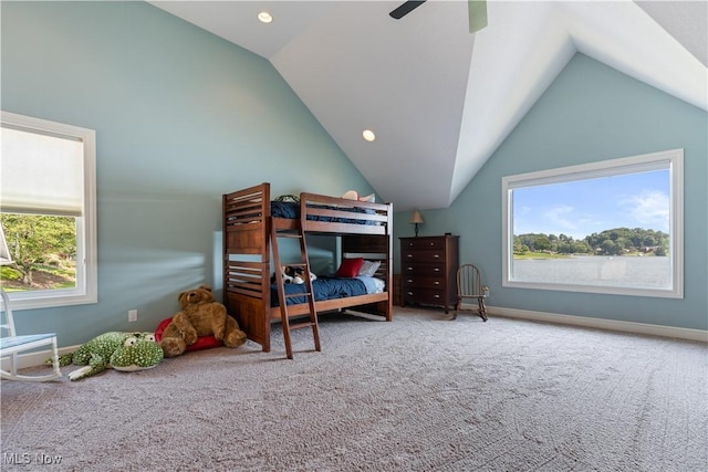 30 E Mohawk Dr, Malvern, OH 44644 - bedroom with vaulted ceiling, carpet flooring, multiple windows, a ceiling fan, and recessed lighting