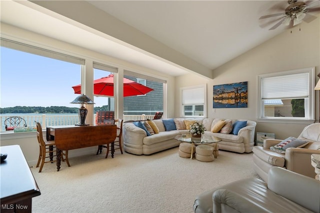 32 E Mohawk Dr, Malvern, OH 44644 - living room featuring healthy amount of natural light, a ceiling fan, vaulted ceiling, carpet flooring, and a water view