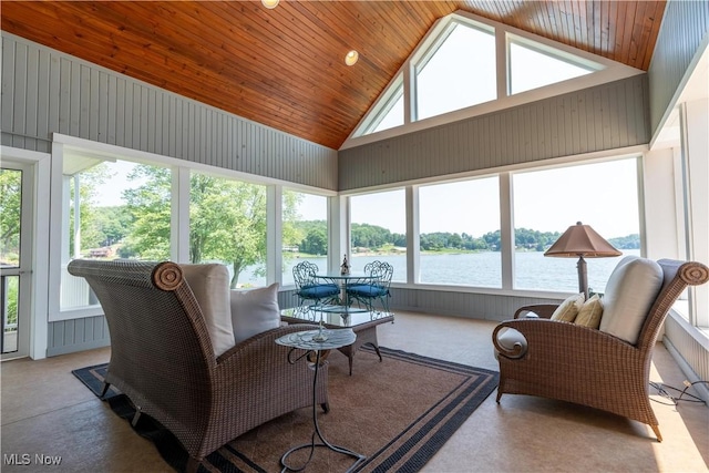 32 E Mohawk Dr, Malvern, OH 44644 - living room with high vaulted ceiling, a water view, and wood ceiling
